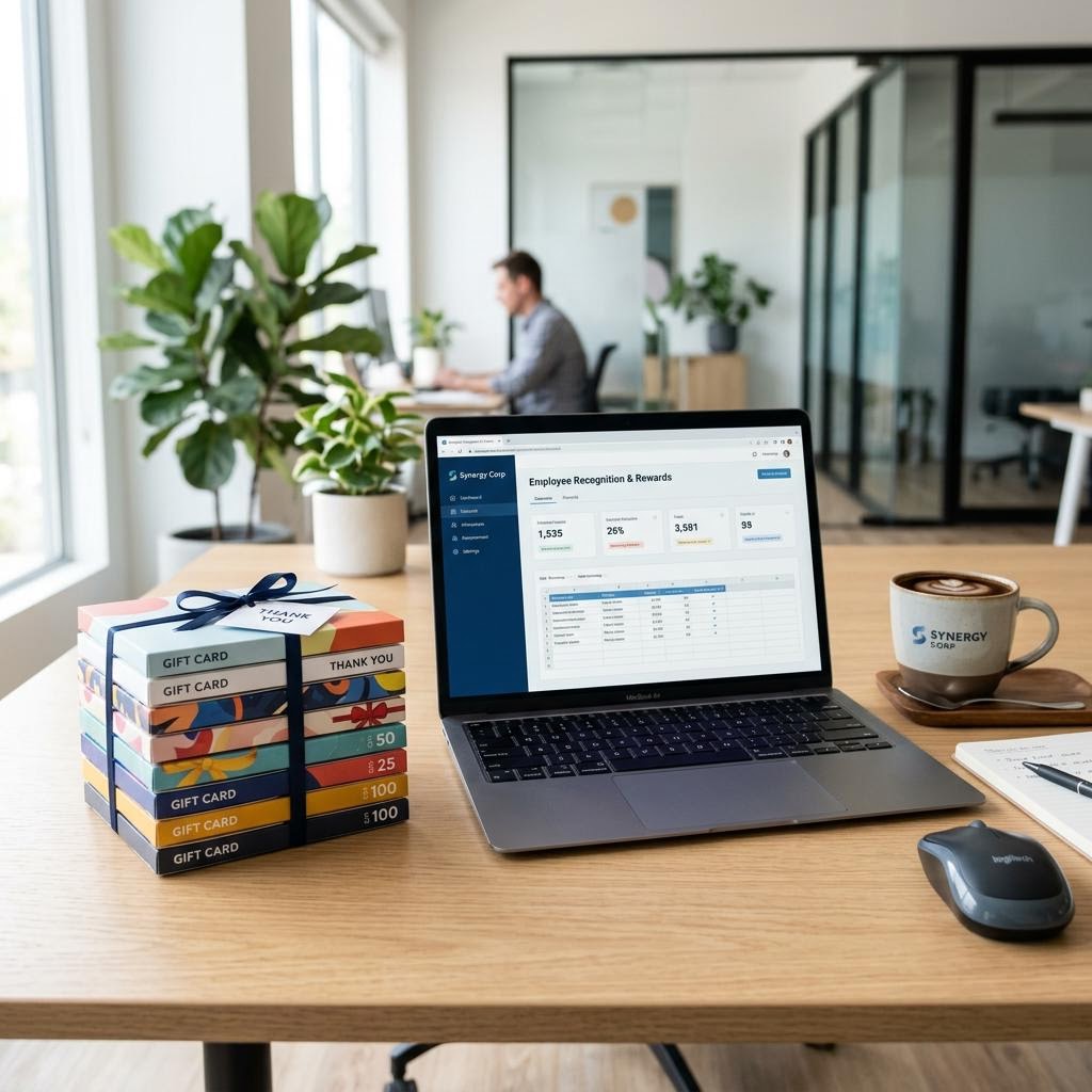 An office desk with a laptop showing a dashboard beside a ribbon-tied stack of gift cards