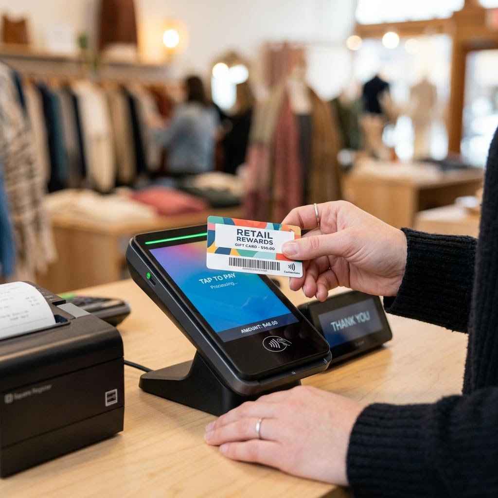 A hand presenting a card at a countertop payment terminal beside a receipt printer