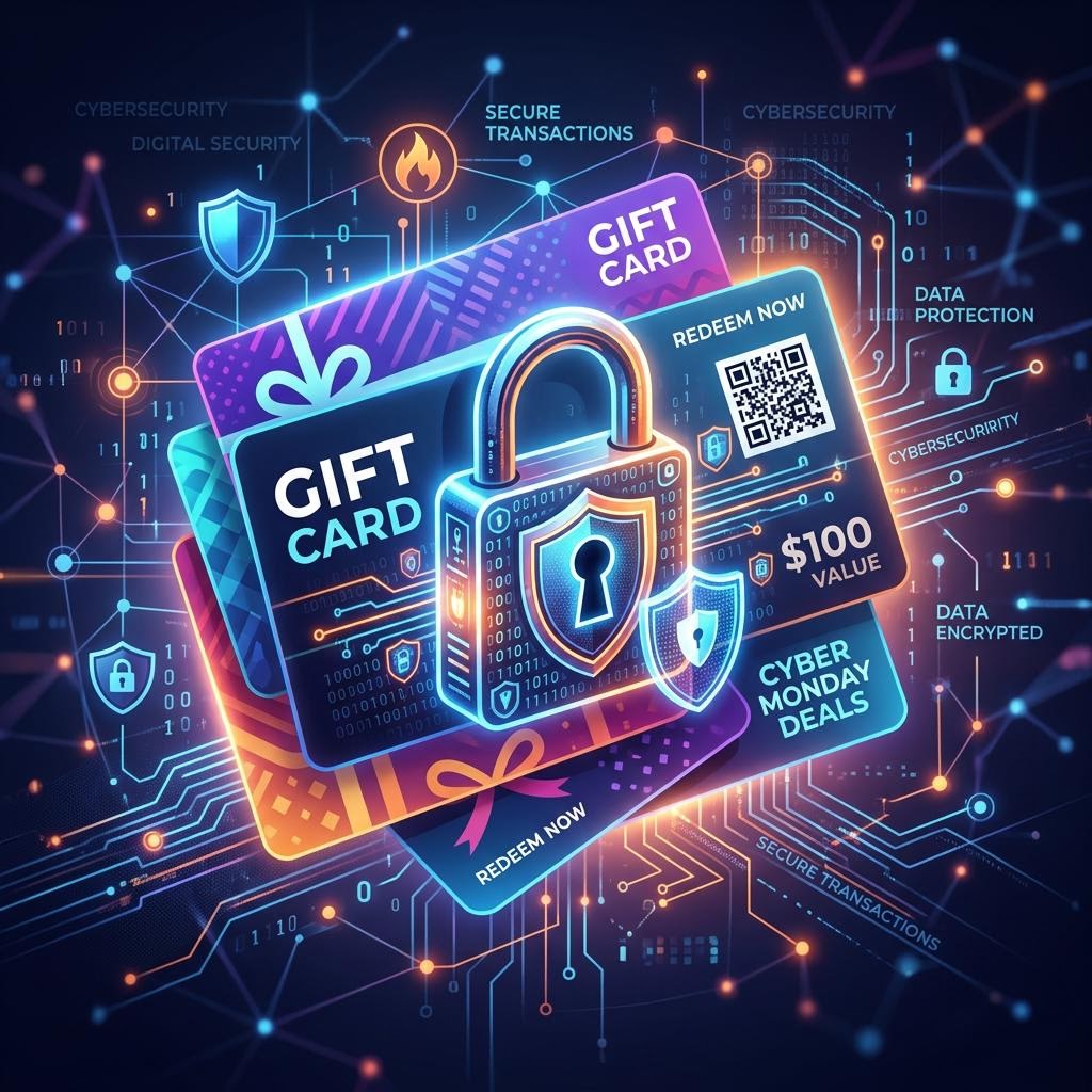 A stylised digital illustration of a gift card secured by a padlock and circuit patterns