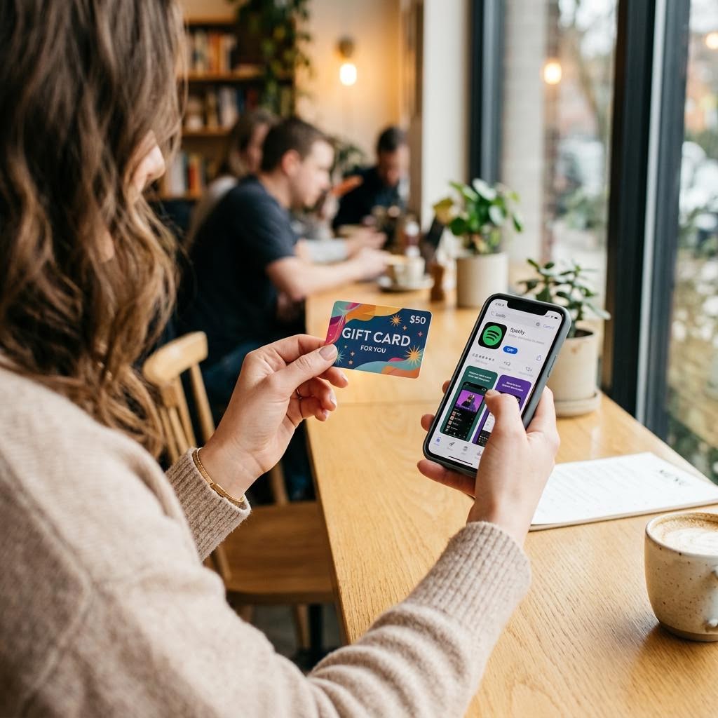 A woman in a café holding a gift card in one hand and her phone in the other