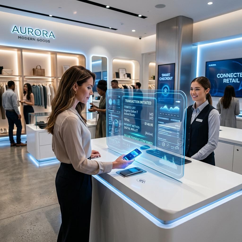 Staff and a customer at a brightly lit interactive retail counter