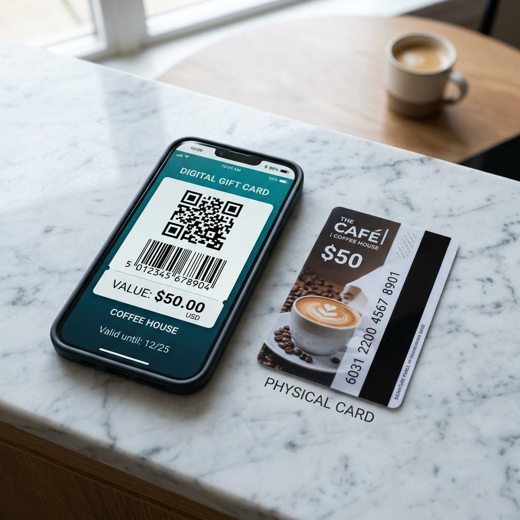 A phone showing a digital gift card with a QR code next to a physical café card on a marble counter
