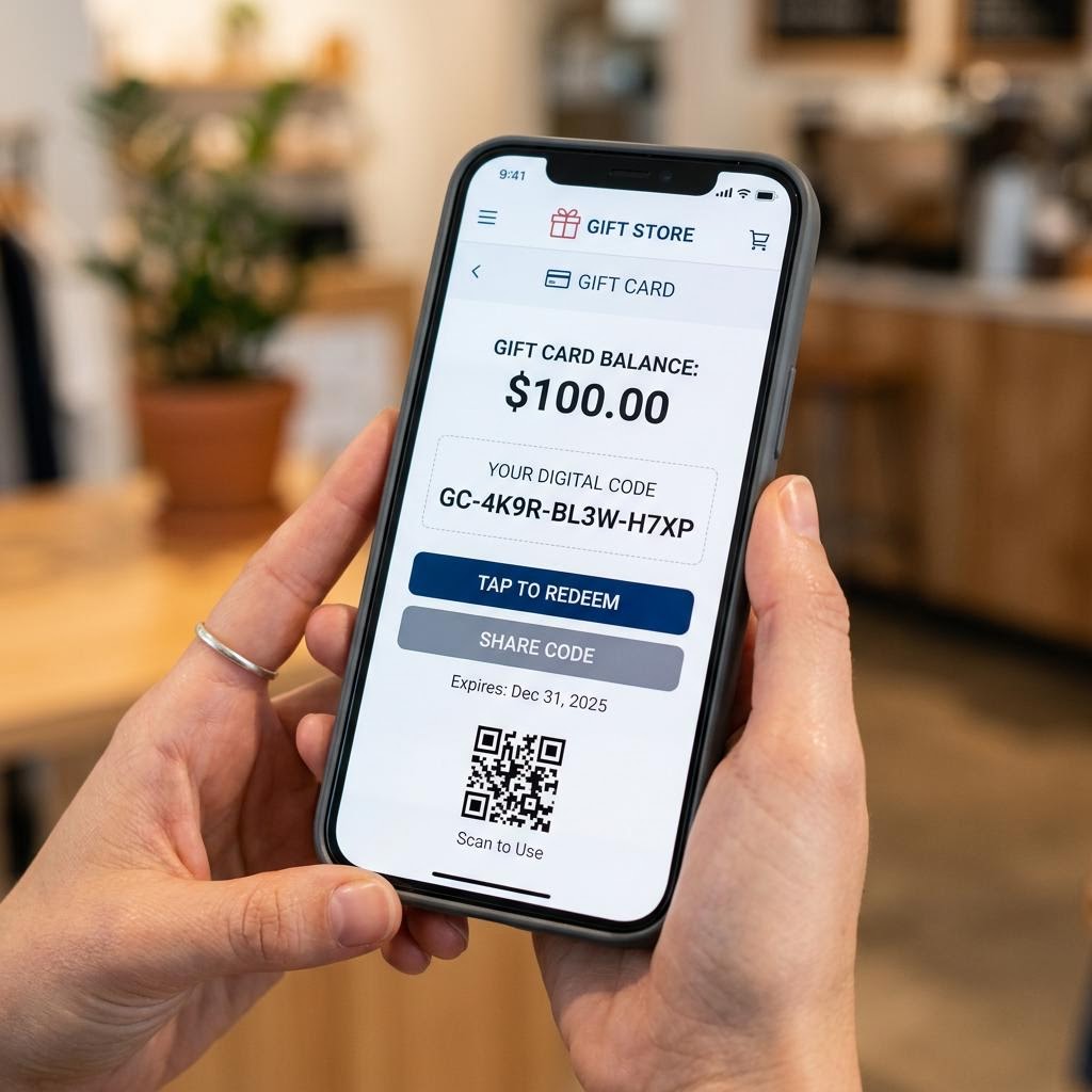 A hand holding a phone displaying a digital gift card balance and redemption code