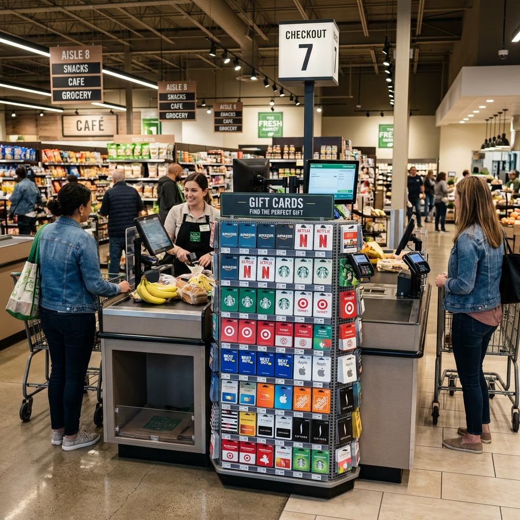 A gift card display stand at a grocery store checkout with shoppers nearby