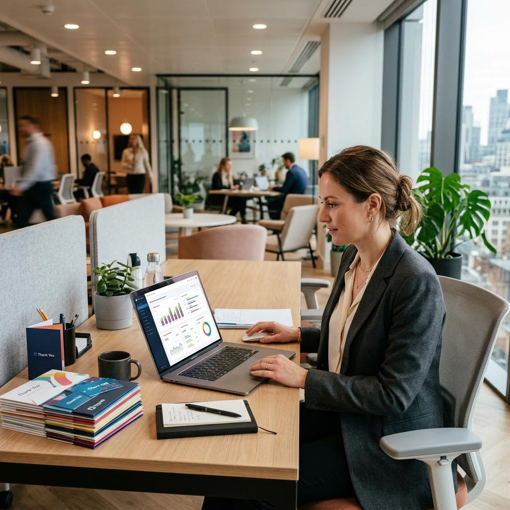 A manager working at a laptop in a bright open-plan office