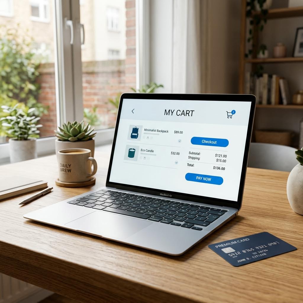 A laptop on a desk showing an online shopping cart, with a card lying beside it
