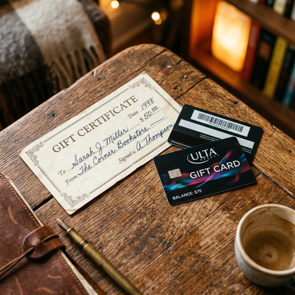 An old paper gift certificate on a wooden table beside modern plastic gift cards