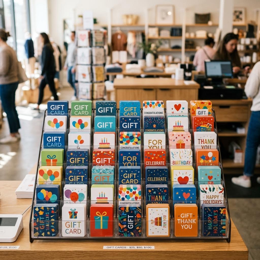 A retail display rack filled with brightly coloured gift cards in a store