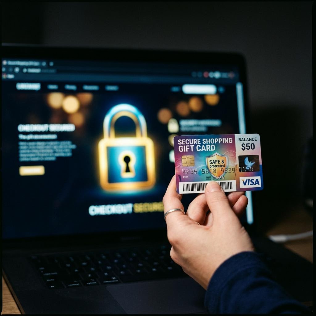 A person holding a gift card in front of a laptop showing a secure checkout screen