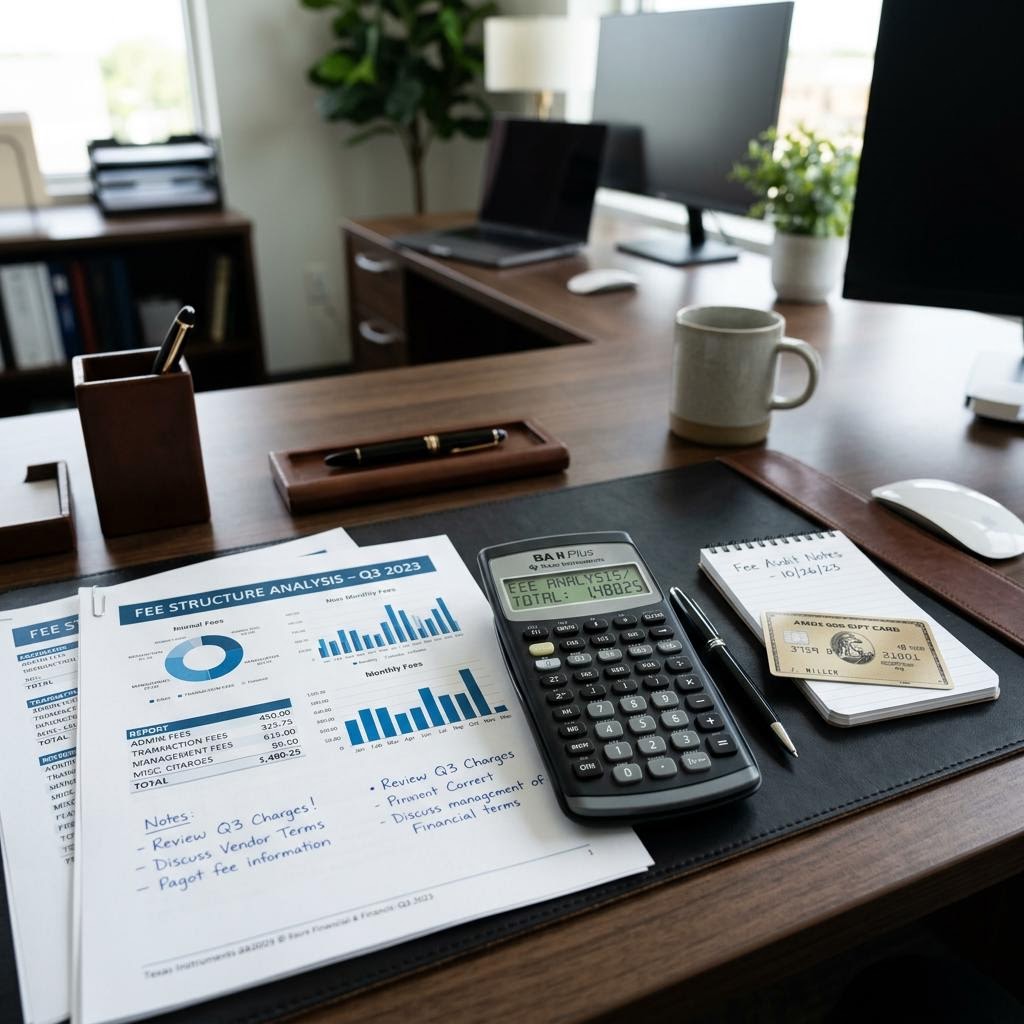 A desk with printed financial statements, a calculator, and banknotes