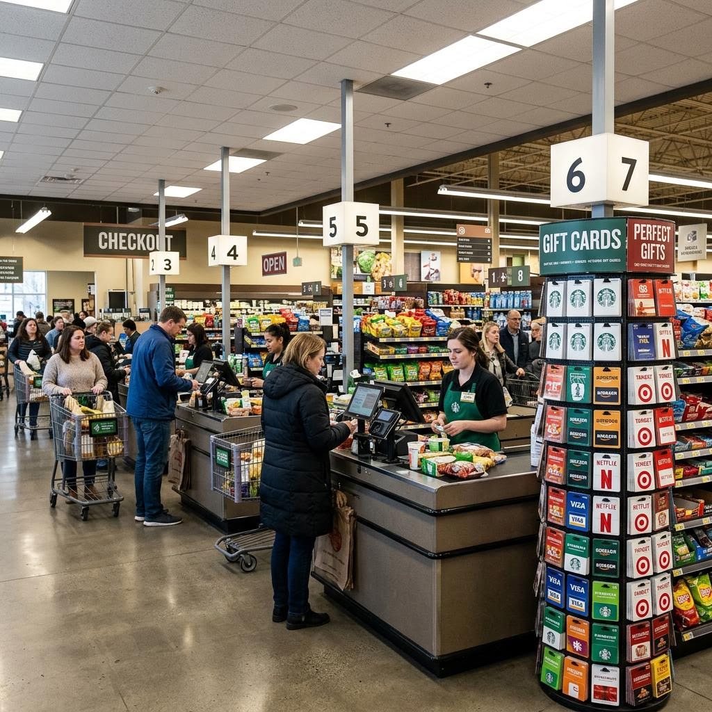 Busy supermarket checkout lanes with a gift card display rack beside the tills