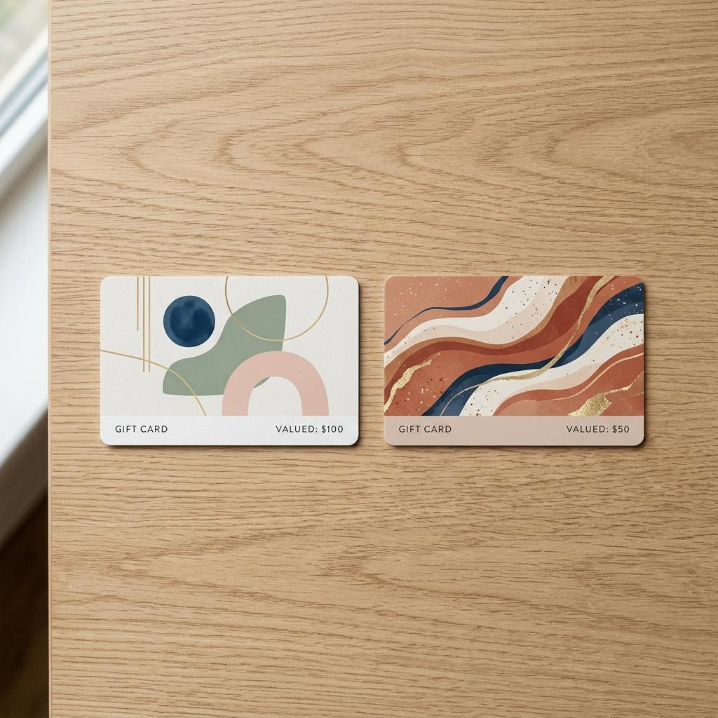 Two minimalist gift cards lying side by side on a pale wooden surface